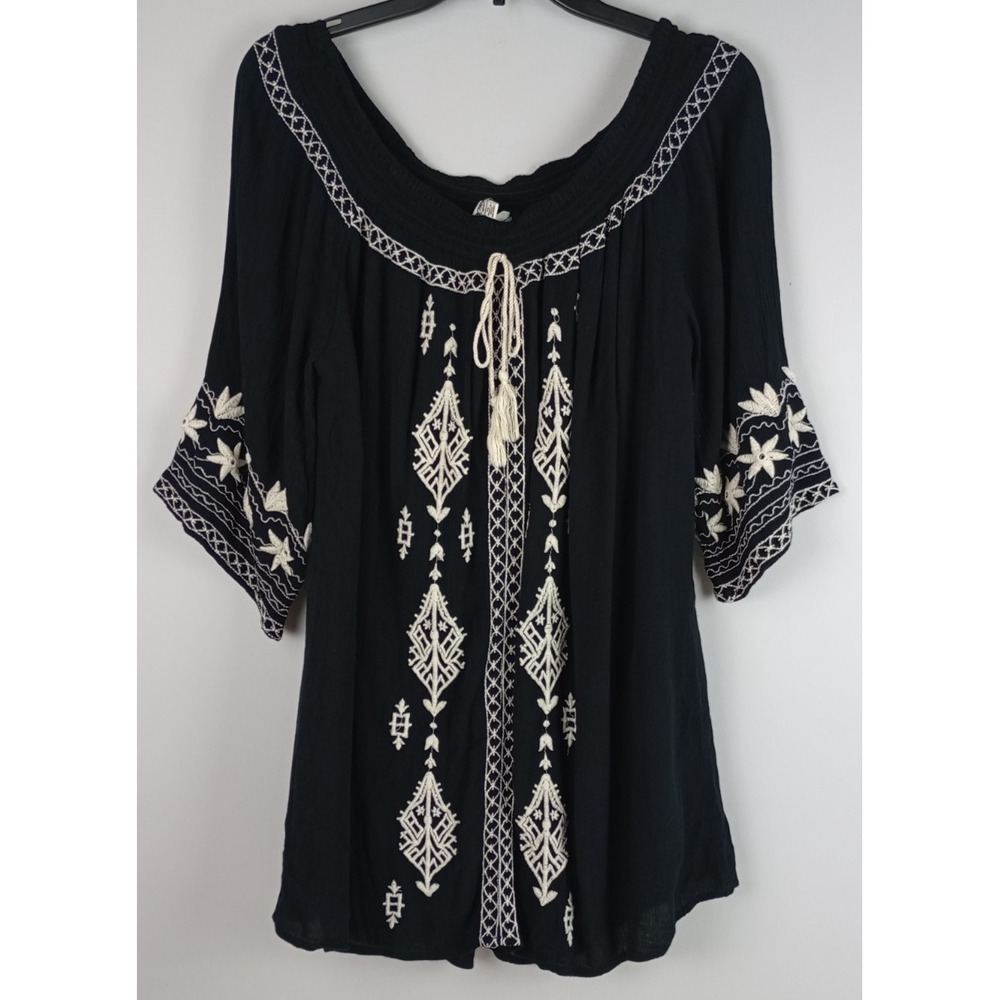 Tantrums Womens XL Black Cream Embroidery Boho Peasant 3/4 Sleeve Flowy Blouse